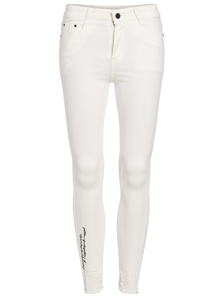 Romwe Letters Print Frayed Denim Pant