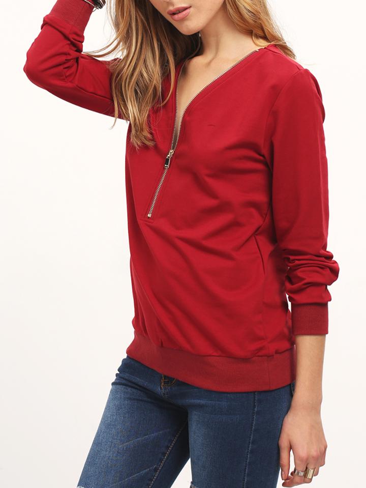 Romwe Burgundy Zipper V Neck T-shirt