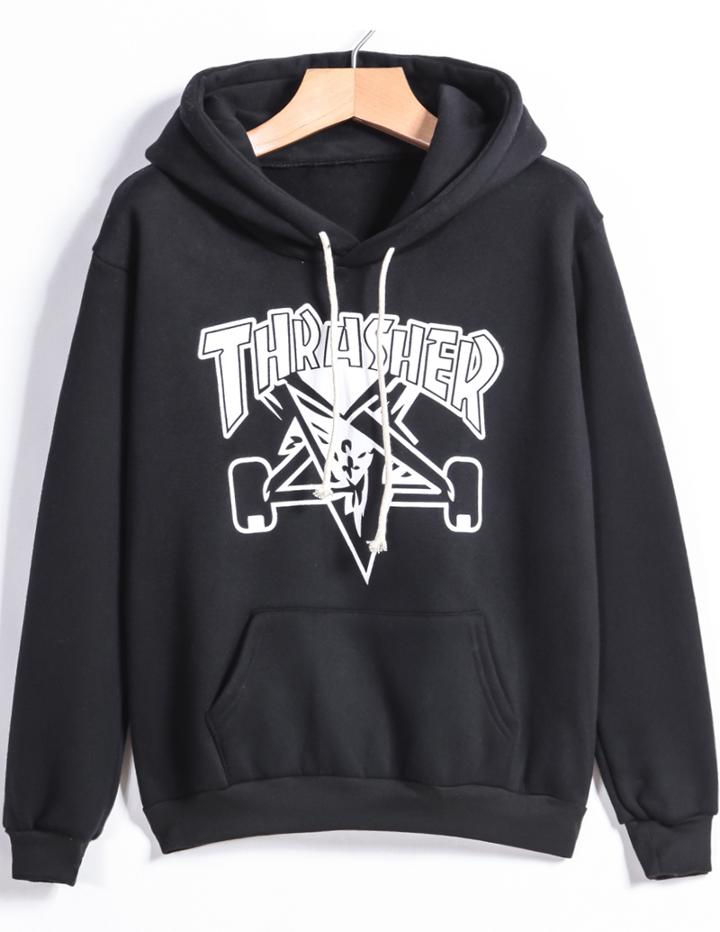 Romwe Black Hooded Drawstring Letter Print Sweatshirt