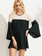 Romwe Green Contrast Embroidered Mesh Insert Bell Sleeve Dress
