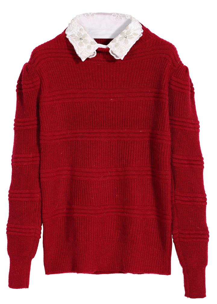 Romwe Contrast Lace Lapel Red Sweater