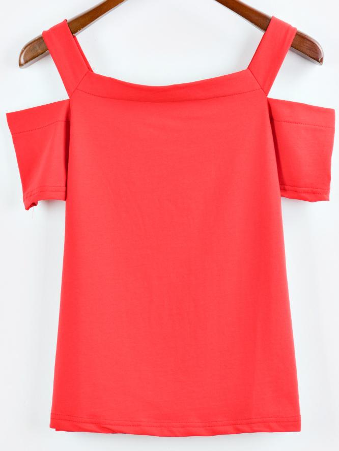 Romwe Cold Shoulder Plain T-shirt - Red