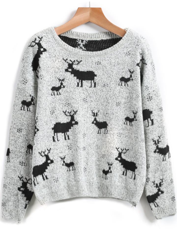 Romwe Deer Print Knit Grey Sweater