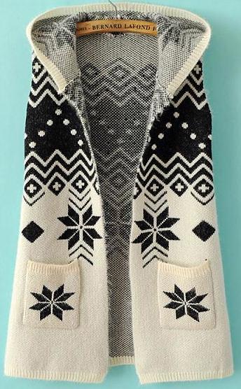 Romwe Black And White Snowflake Print Hooded Vest