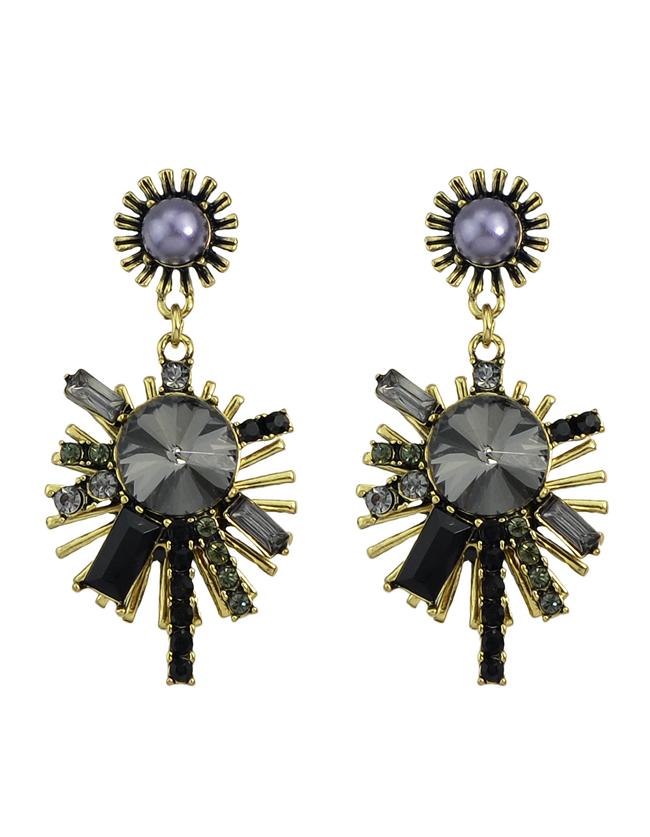 Romwe Black Vintage Style Rhinestone Snowflake Shape Women Hanging Stud Earrings