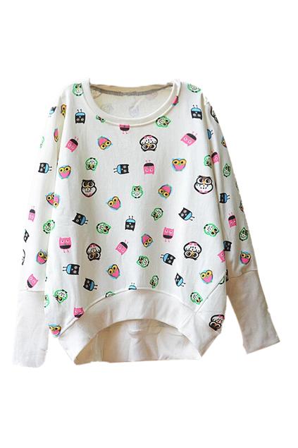 Romwe Various Owls Print Asymmetric Loose Sweatshirt