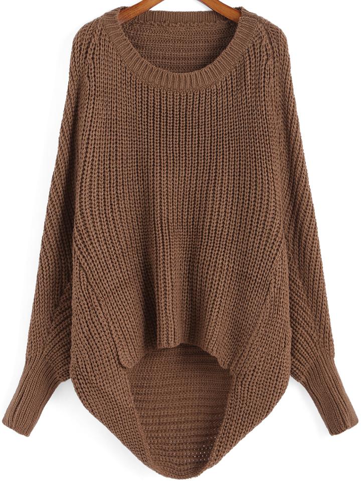 Romwe Brown Round Neck Dip Hem Knit Sweater