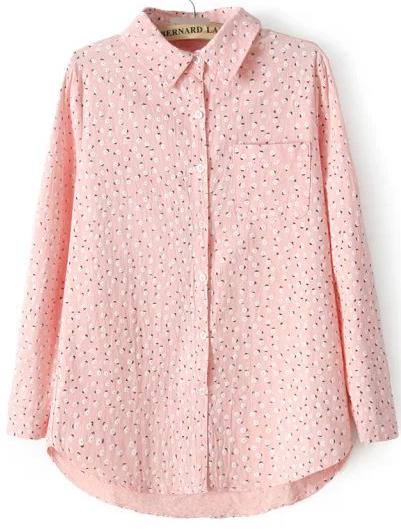 Romwe Bird Print Lapel Pocket Pink Blouse