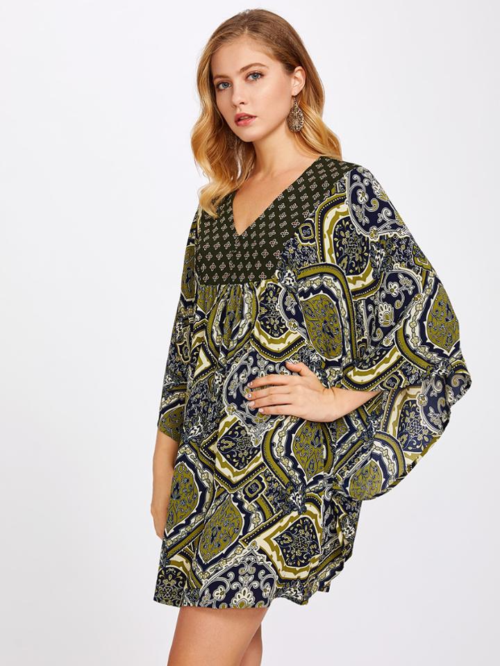 Romwe Ornate Print Batwing Dress