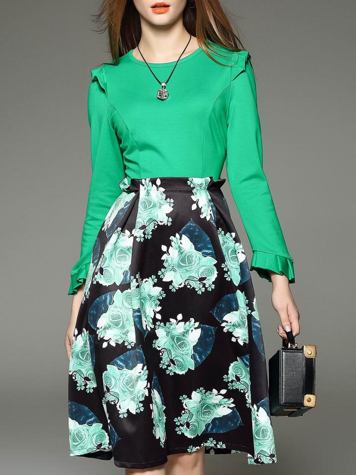 Romwe Green Ruffle Print A-line Combo Dress