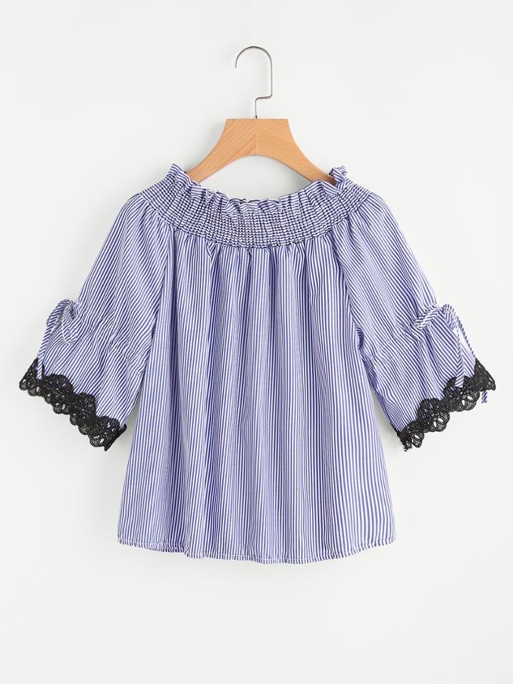 Romwe Drawstring Sleeve Shirred Pinstripe Lace Cuff Blouse