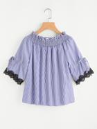 Romwe Drawstring Sleeve Shirred Pinstripe Lace Cuff Blouse