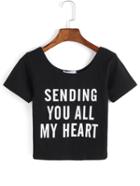 Romwe Scoop Neck Letters Print Black T-shirt