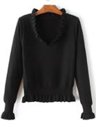 Romwe Black Ruffle V Neck Peplum Sweater