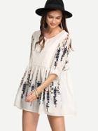 Romwe White Tie-neck Leaf Embroidered Loose-fit Dress