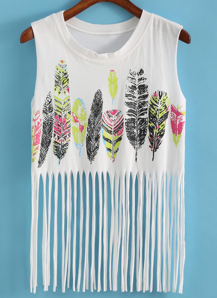 Romwe With Tassel Feather Print White Tank Top