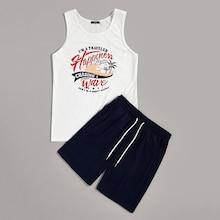 Romwe Guys Tropical Print Letter Tank Top & Drawstring Waist Shorts Set