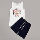 Romwe Guys Tropical Print Letter Tank Top & Drawstring Waist Shorts Set