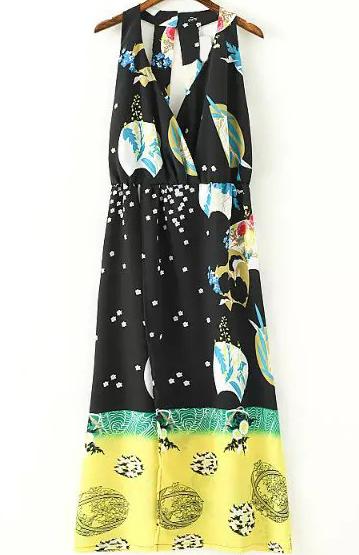 Romwe V Neck Florals Open Back Dress