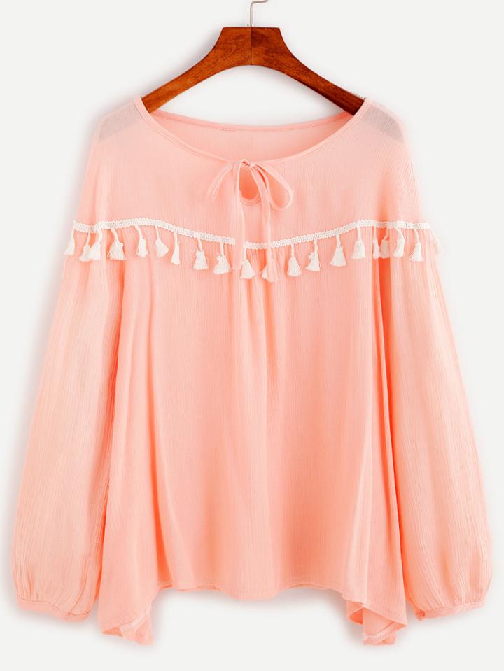 Romwe Pink Tie Neck Tassel Trim Blouse