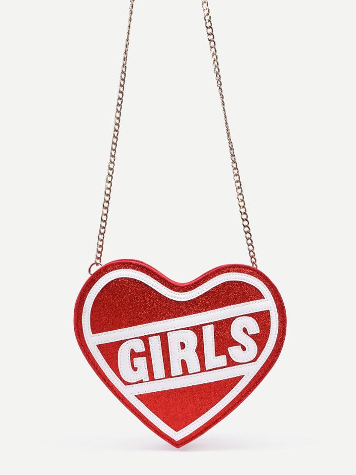 Romwe Red Heart Shaped Letter Patch Glitter Bag
