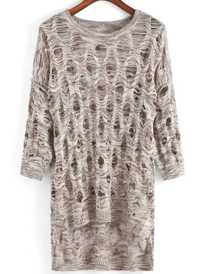 Romwe Dip Hem Hollow Knit Apricot Sweater