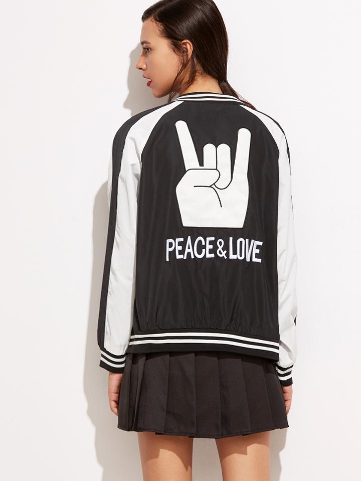 Romwe Black Contrast Printed Back Varsity Striped Trim Jacket