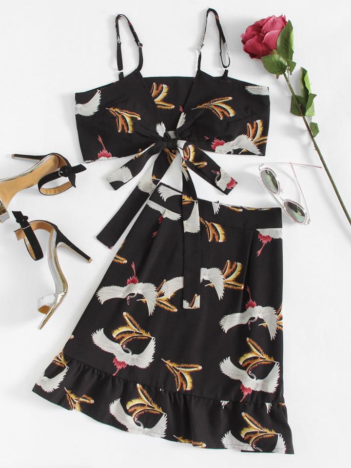 Romwe Cranes Print Tie Back Cami Top With Skirts