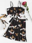Romwe Cranes Print Tie Back Cami Top With Skirts
