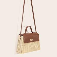 Romwe Twist Lock Contrast Flap Straw Bag