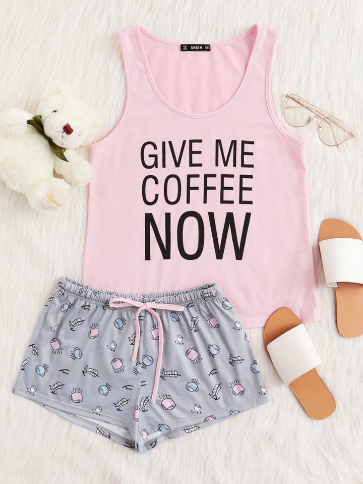 Romwe Graphic Print Top And Drawstring Shorts Pj Set
