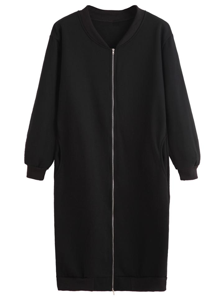 Romwe Black Zip Up Long Sweatshirt