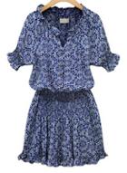 Romwe V Neck Vintage Print Pleated Dress