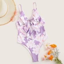 Romwe Random Floral Ruffle Lace-up One Piece Swim
