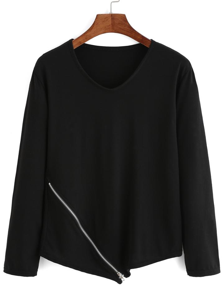 Romwe Long Sleeve Zipper Asymmetrical T-shirt