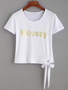 Romwe White Letter Print Side Tie T-shirt