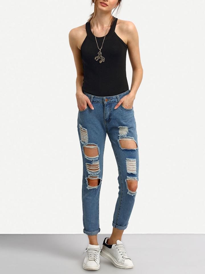 Romwe Blue Destroyed Denim Loose Pant