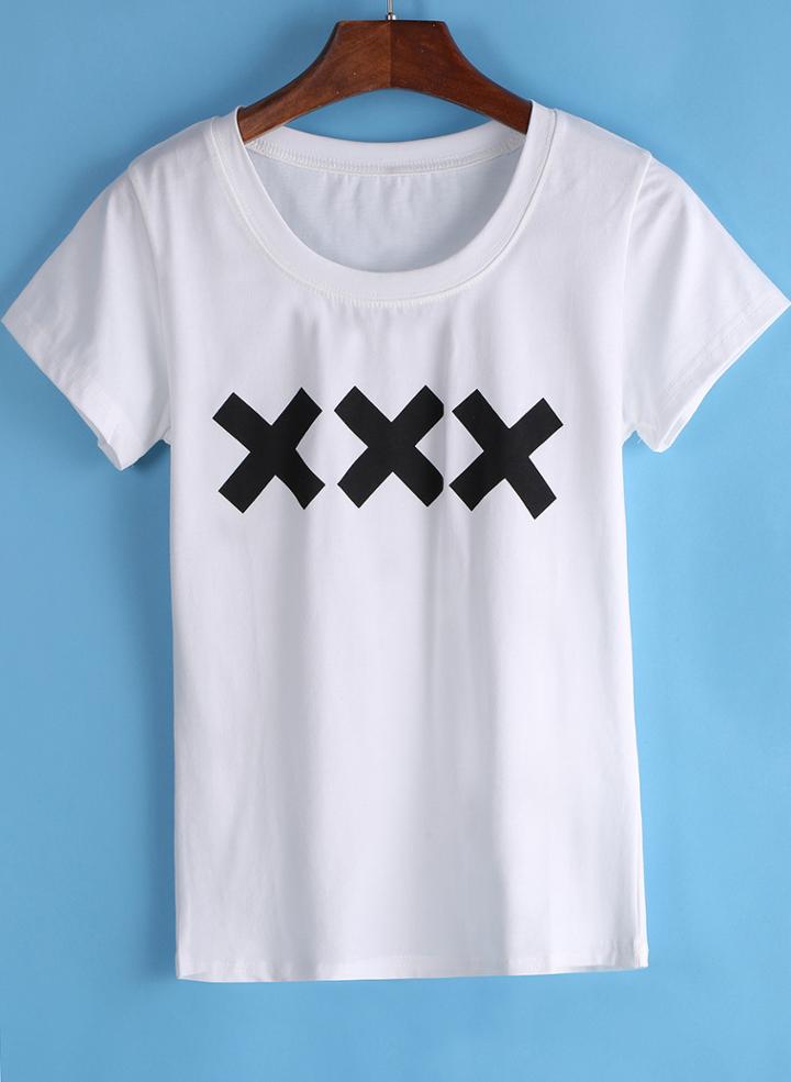 Romwe Xxx Print Round Neck White T-shirt