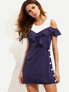 Romwe Contrast Open Shoulder Button Side Ruffle Dress