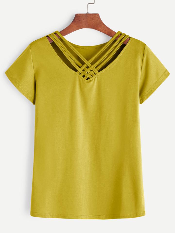 Romwe Yellow Lattice V Neck T-shirt