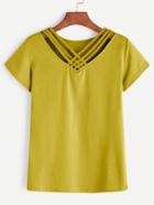 Romwe Yellow Lattice V Neck T-shirt