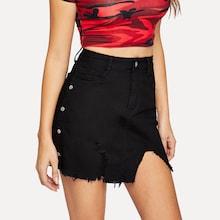 Romwe Snap Button Side Raw Hem Denim Skirt