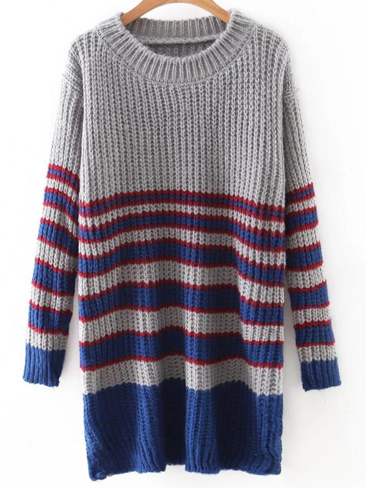 Romwe Grey Round Neck Stripe Long Knitwear