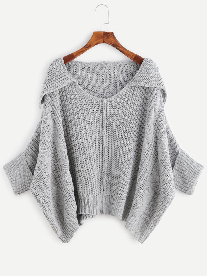 Romwe Pale Grey Cable Knit Cuffed Loose Sweater