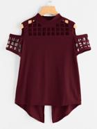 Romwe Open Shoulder Laser Cut Out Split Back Tee