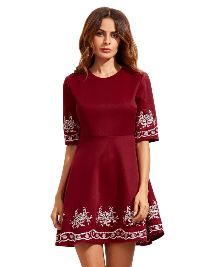 Romwe Burgundy Sleeve Embroidered Flare Dress