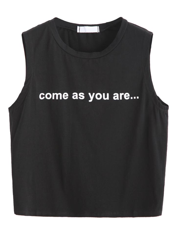 Romwe Black Letter Print Crop Top