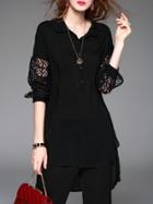 Romwe Black Lapel Crochet Hollow Out High Low Blouse