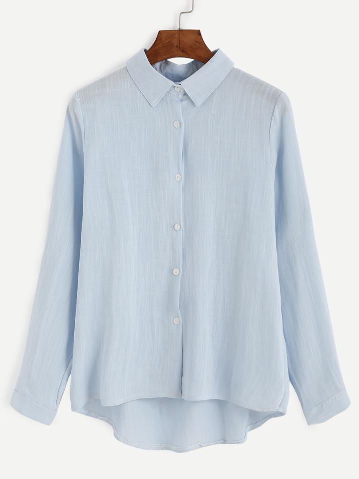 Romwe Blue Linen Look High Low Blouse