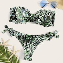 Romwe Random Leaf Print Bandeau Top With Tie Side Bikini